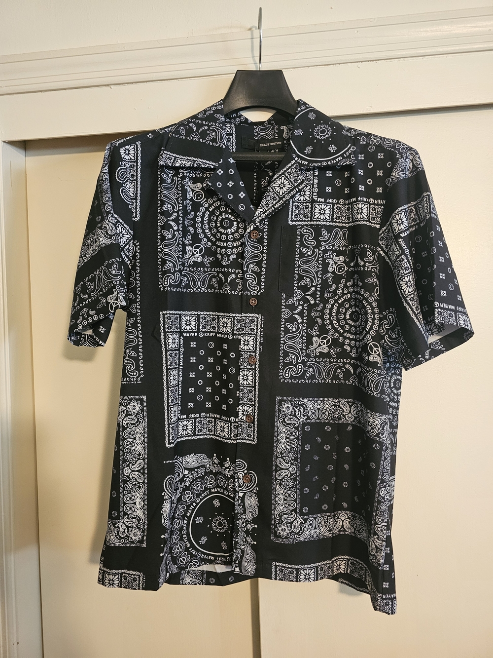Black Bandana Print Short Sleeve Button-Down Shirt